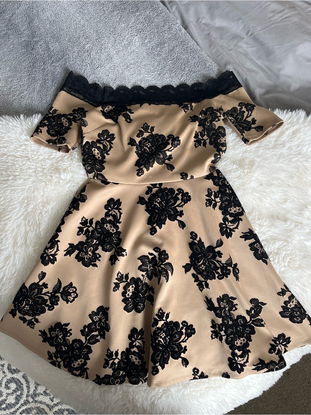 Beige Off-Shoulder Dress with Black Floral Lace